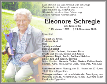 Traueranzeige von Eleonore Schregle von Allgäuer Zeitung, Kaufbeuren/Buchloe