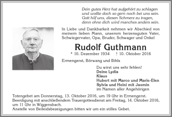 Traueranzeige von Rudolf Guthmann von Allgäuer Zeitung,Kempten
