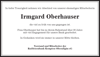 Traueranzeige von Irmgard Oberhauser von Allgäuer Zeitung,Kempten