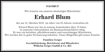 Traueranzeige von Erhard Blum von Allgäuer Anzeigeblatt