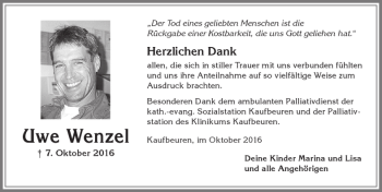 Traueranzeige von Uwe Wenzel von Allgäuer Zeitung, Kaufbeuren/Buchloe