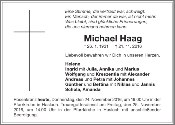 Traueranzeige von Michael Haag von Memminger Zeitung