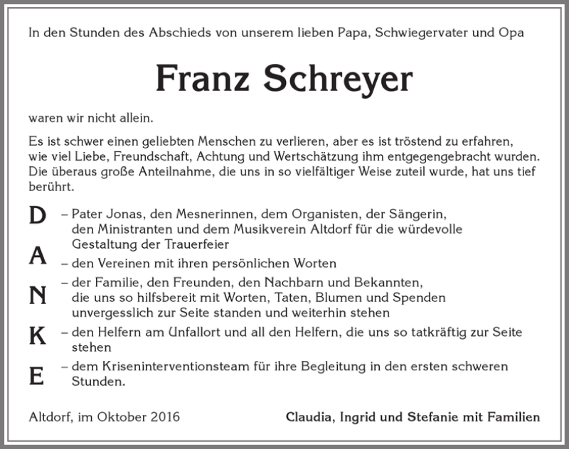  Traueranzeige für Franz Schreyer vom 25.10.2016 aus Allgäuer Zeitung