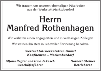 Traueranzeige von Manfred Rothenhagen von Allgäuer Zeitung