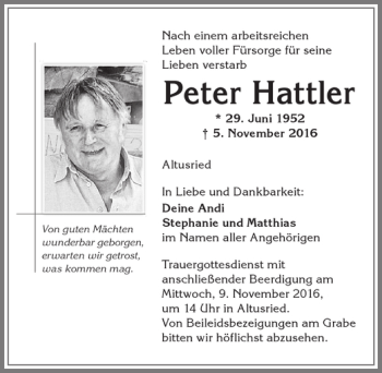 Traueranzeige von Peter Hattler von Allgäuer Zeitung,Kempten