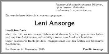 Traueranzeige von Leni Ansorge von Allgäuer Zeitung, Kaufbeuren/Buchloe