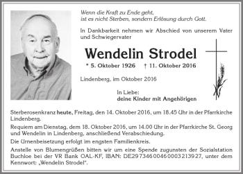 Traueranzeige von Wendelin Strodel von Allgäuer Zeitung, Kaufbeuren/Buchloe