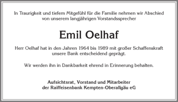 Traueranzeige von Emil Oelhaf von Allgäuer Zeitung,Kempten