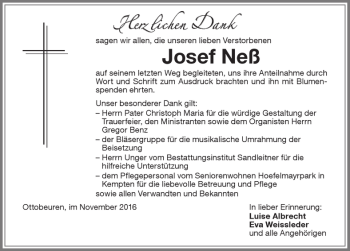 Traueranzeige von Josef Neß von Memminger Zeitung