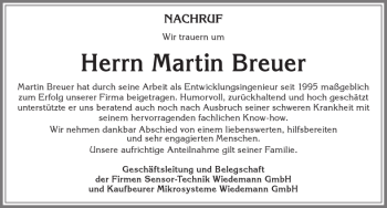 Traueranzeige von Martin Breuer von Allgäuer Zeitung, Kaufbeuren/Buchloe