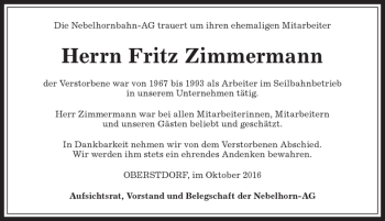 Traueranzeige von Fritz Zimmermann von Allgäuer Anzeigeblatt