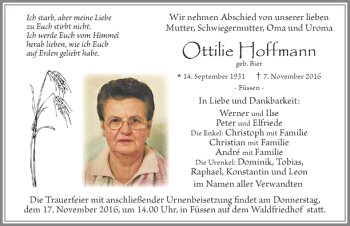 Traueranzeige von Ottilie Hoffmann von Allgäuer Zeitung, Füssen
