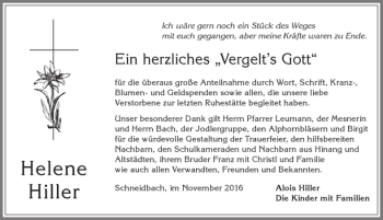 Traueranzeige von Helene Hiller von Allgäuer Zeitung, Füssen
