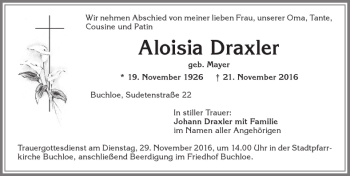 Traueranzeige von Alosia Draxler von Allgäuer Zeitung, Kaufbeuren/Buchloe