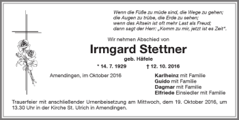Traueranzeige von Irmgard Stettner von Memminger Zeitung