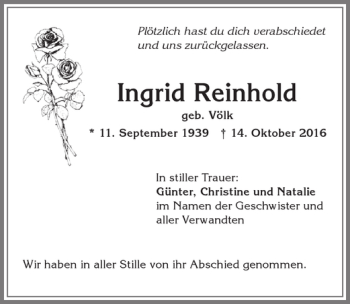 Traueranzeige von Ingrid Reinhold von Allgäuer Zeitung, Kaufbeuren/Buchloe