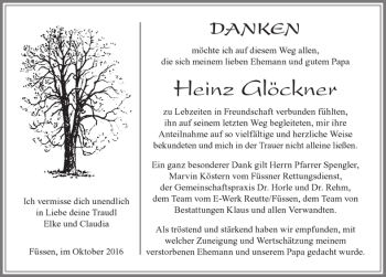 Traueranzeige von Heinz Glöckner von Allgäuer Zeitung, Füssen