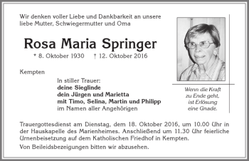 Traueranzeige von Rosa Maria Springer von Allgäuer Zeitung,Kempten