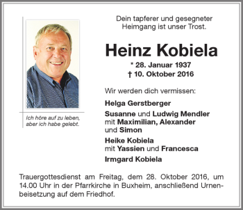 Traueranzeige von Heinz Kobiela von Memminger Zeitung