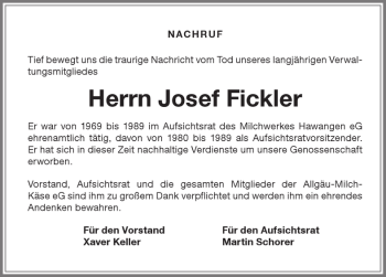 Traueranzeige von Josef Fickler von Memminger Zeitung