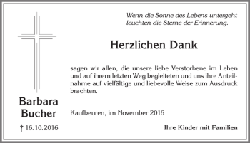 Traueranzeige von Barbara Bucher von Allgäuer Zeitung, Kaufbeuren/Buchloe