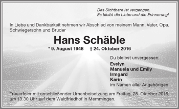 Traueranzeige von Hans Schäble von Memminger Zeitung