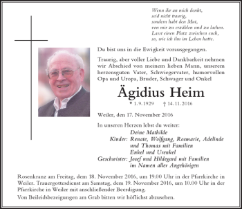Traueranzeige von Ägidius Heim von Der Westallgäuer