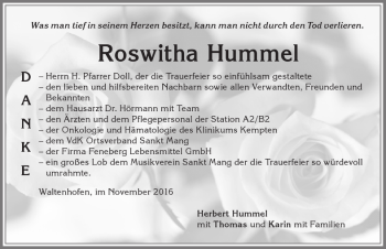 Traueranzeige von Roswitha Hummel von Allgäuer Zeitung,Kempten