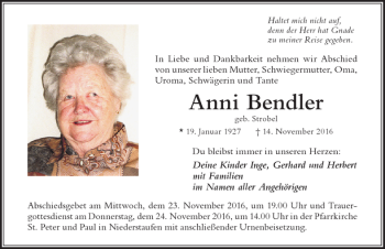Traueranzeige von Anni Bendler von Der Westallgäuer