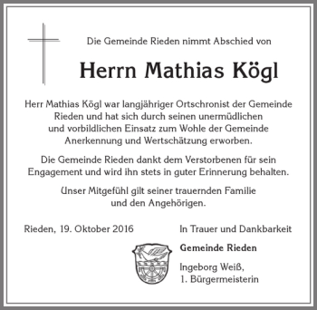 Traueranzeige von Mathias Kögl von Allgäuer Zeitung, Kaufbeuren/Buchloe