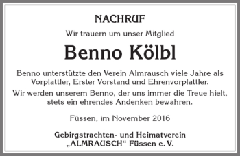 Traueranzeige von Benno Kölbl von Allgäuer Zeitung, Füssen