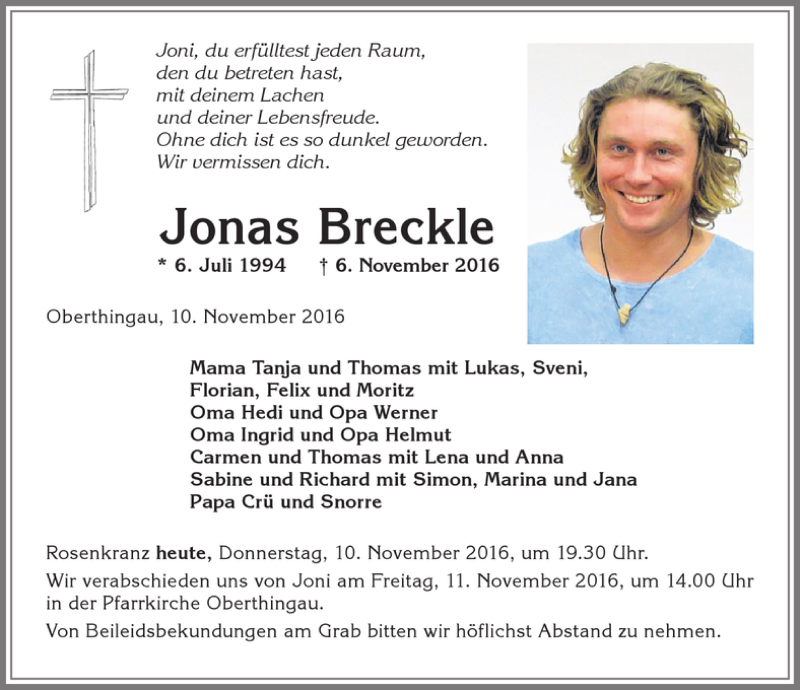  Traueranzeige für Jonas Breckle vom 10.11.2016 aus Allgäuer Zeitung, Marktoberdorf