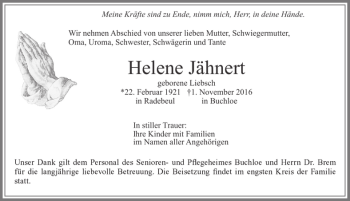 Traueranzeige von Helene Jähnert von Allgäuer Zeitung, Kaufbeuren/Buchloe