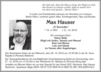 Traueranzeige von Max Hauser von Allgäuer Zeitung, Füssen