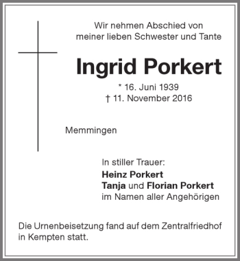 Traueranzeige von Ingrid Porkert von Memminger Zeitung