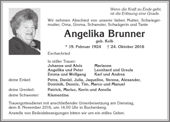 Traueranzeige von Angelika Brunner von Allgäuer Zeitung,Kempten