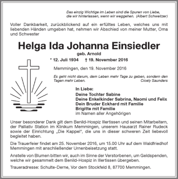 Traueranzeige von Helga Ida Johanna Einsiedler von Memminger Zeitung