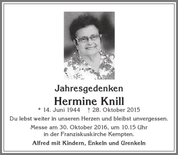 Traueranzeige von Hermine Knill von Allgäuer Zeitung,Kempten