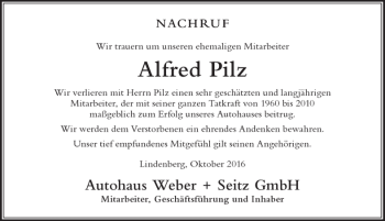 Traueranzeige von Alfred Pilz von Der Westallgäuer