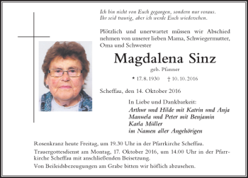 Traueranzeige von Magdalena Sinz von Der Westallgäuer