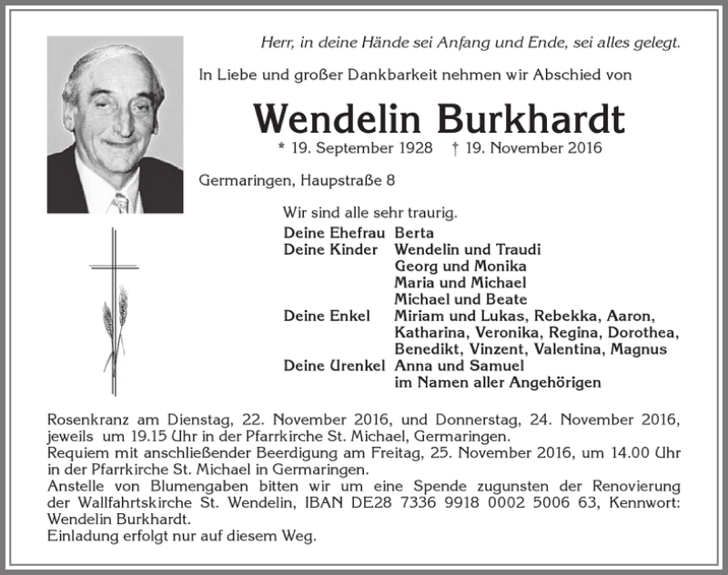  Traueranzeige für Wendelin Burkhardt vom 22.11.2016 aus Allgäuer Zeitung, Kaufbeuren/Buchloe