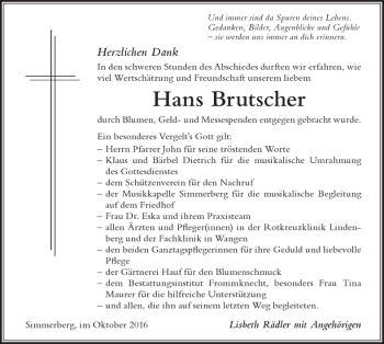 Traueranzeige von Hans Brutscher von Der Westallgäuer