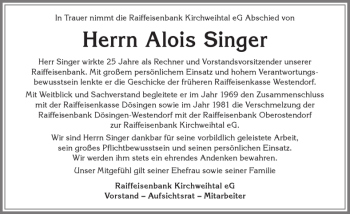 Traueranzeige von Alois Singer von Allgäuer Zeitung, Kaufbeuren/Buchloe