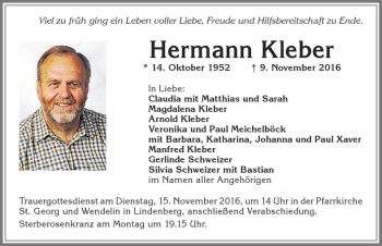 Traueranzeige von Hermann Kleber von Allgäuer Zeitung, Kaufbeuren/Buchloe