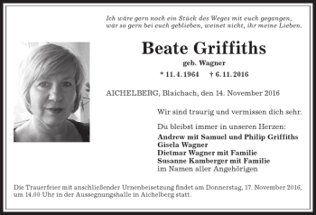 Traueranzeige von Beate Griffiths von Allgäuer Anzeigeblatt