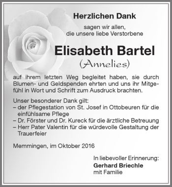 Traueranzeige von Elisabeth Bartel von Memminger Zeitung