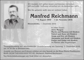 Traueranzeige von Manfred Reichmann von Allgäuer Zeitung, Marktoberdorf
