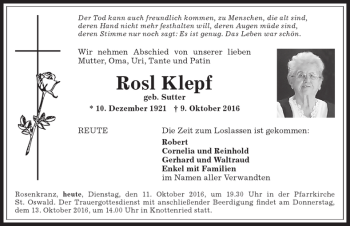 Traueranzeige von Rosl Klepf 