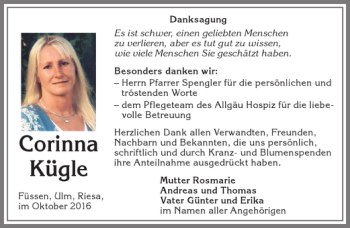 Traueranzeige von Corinna Kügle von Allgäuer Zeitung, Füssen