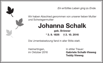 Traueranzeige von Johanna Schalk von Memminger Zeitung